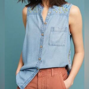 Anthropologie Maeve Barton Sleeveless Chambray Button Top Floral Embroidered 4